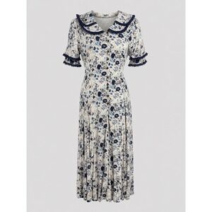 Vintage Floral Maxi Dress Blue Cream Lace Trim Peter Pan Collar Button Front Tie